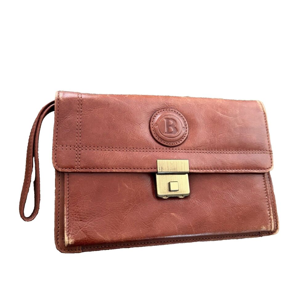 Vintage Italian Tan Leather Men’s Bag 9x7 Clutch Phone Pouch Wristlet Gold Crest